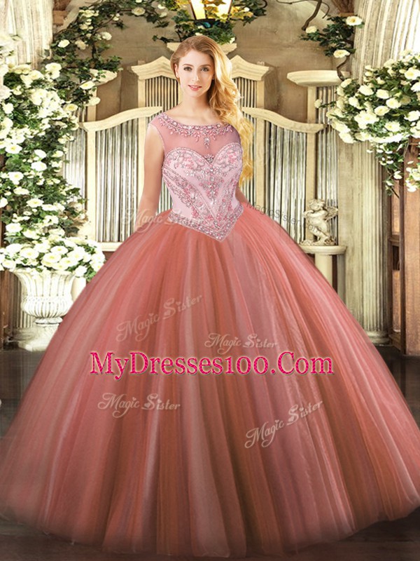 Fancy Scoop Sleeveless Tulle Ball Gown Prom Dress Beading Zipper