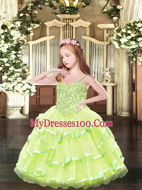 Yellow Green Kids Formal Wear Party and Quinceanera with Appliques Spaghetti Straps Sleeveless Lace Up