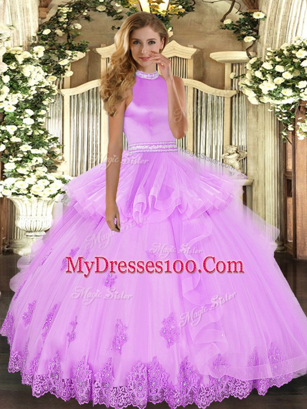 Extravagant Tulle Halter Top Sleeveless Backless Beading and Ruffles Sweet 16 Quinceanera Dress in Lilac