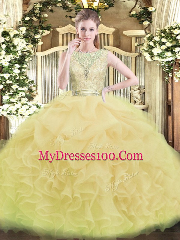 Champagne Scoop Backless Lace and Ruffles Quinceanera Dresses Sleeveless