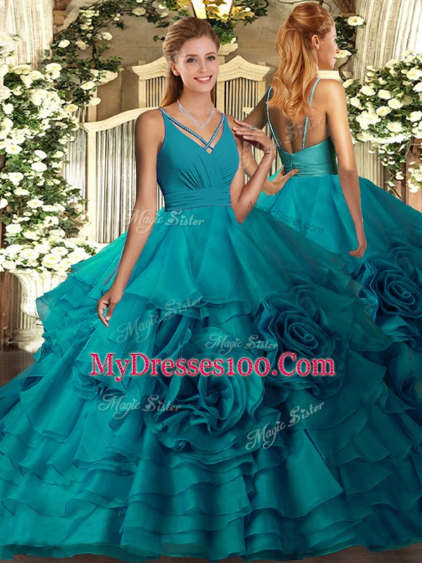 Floor Length Ball Gowns Sleeveless Teal 15th Birthday Dress Backless
