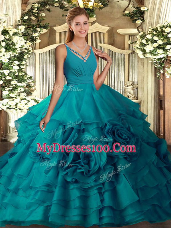 Floor Length Ball Gowns Sleeveless Teal 15th Birthday Dress Backless