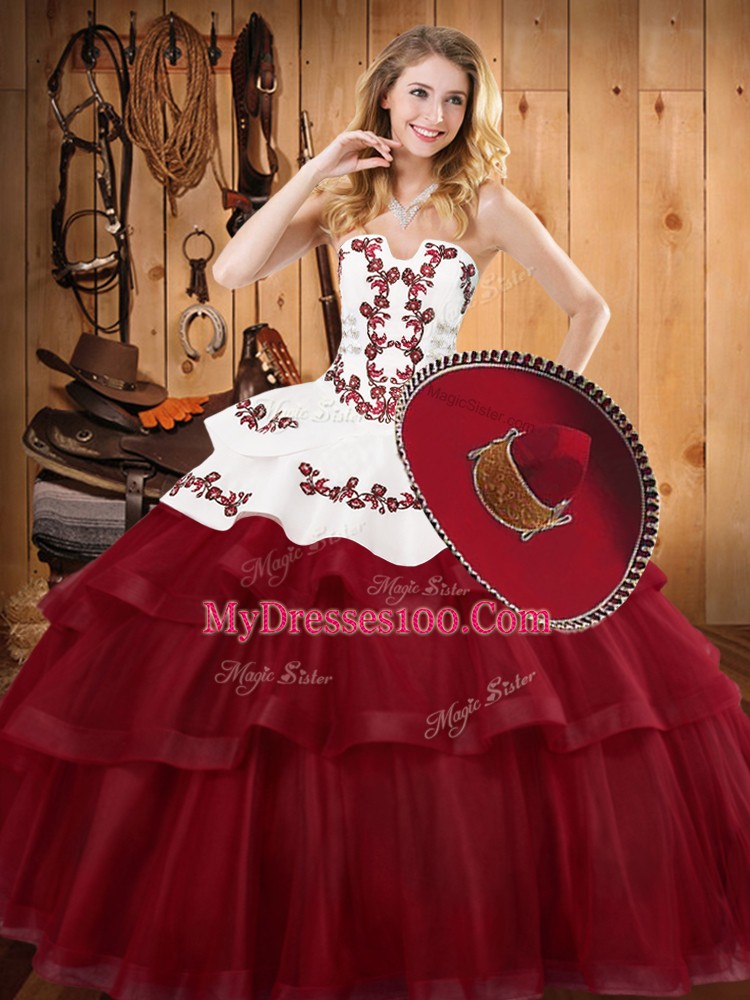 Shining Burgundy Vestidos de Quinceanera Strapless Sleeveless Sweep Train Lace Up