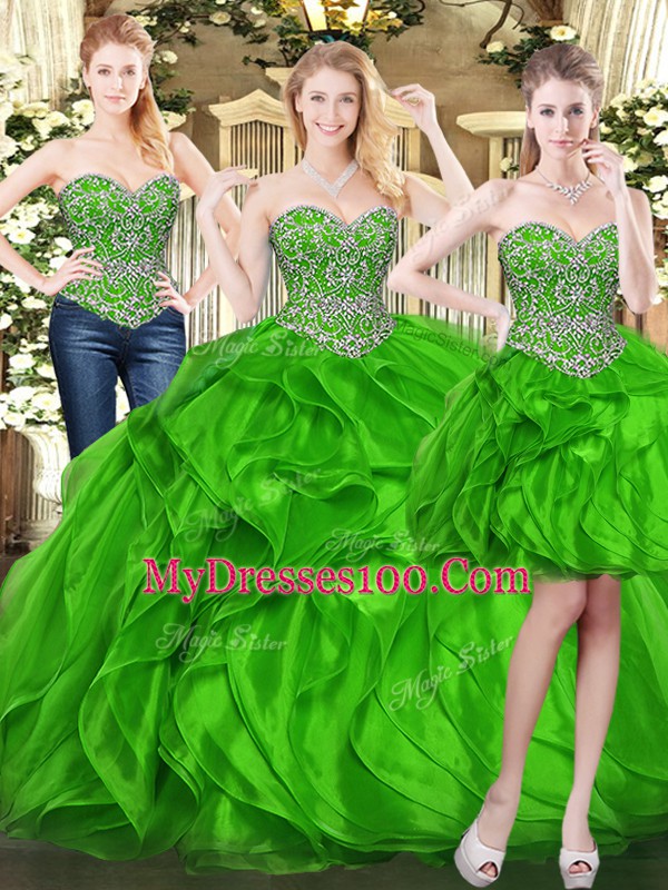 Charming Green Sweetheart Lace Up Beading and Ruffles Quinceanera Gown Sleeveless
