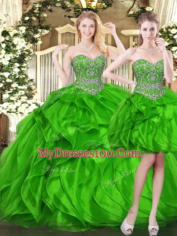 Charming Green Sweetheart Lace Up Beading and Ruffles Quinceanera Gown Sleeveless