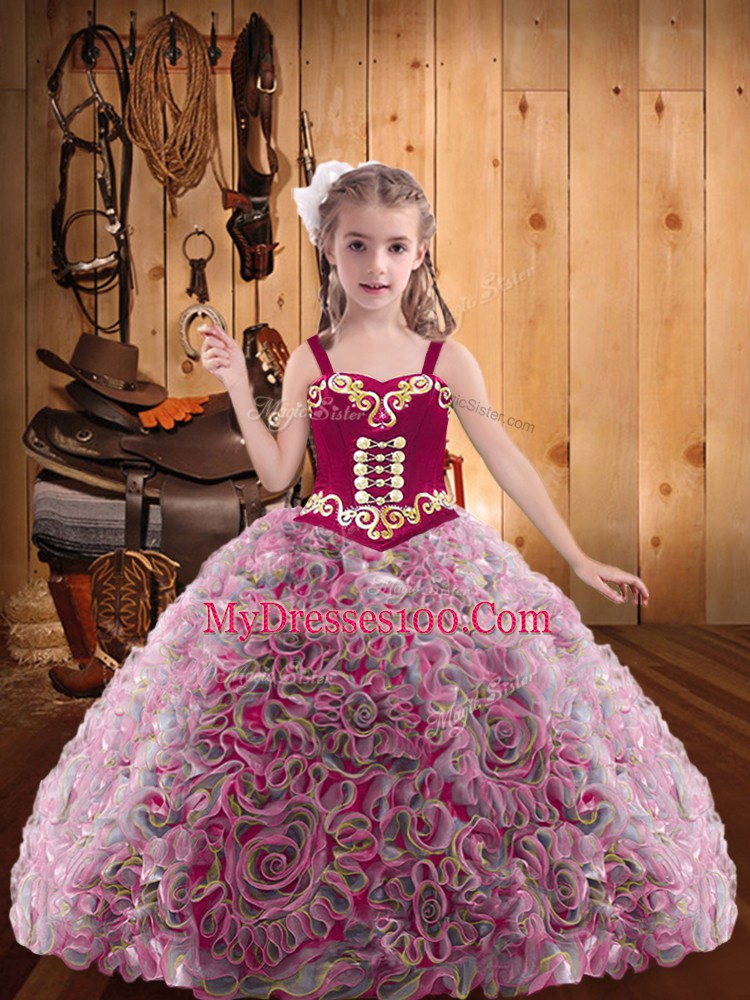 Customized Fabric With Rolling Flowers Sleeveless Floor Length Little Girls Pageant Gowns and Embroidery and Ruffles