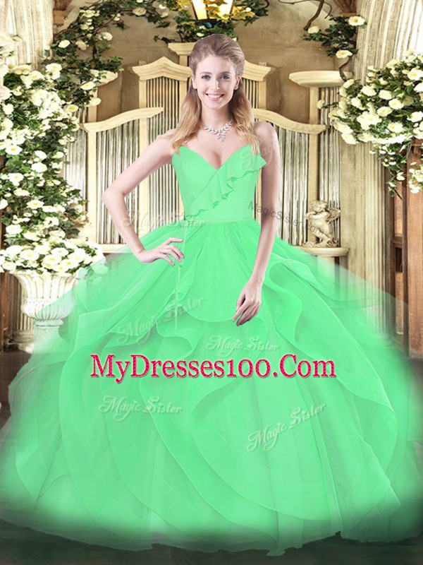 Deluxe Green Ball Gowns Ruffles and Ruching Quinceanera Gowns Zipper Tulle Sleeveless Floor Length
