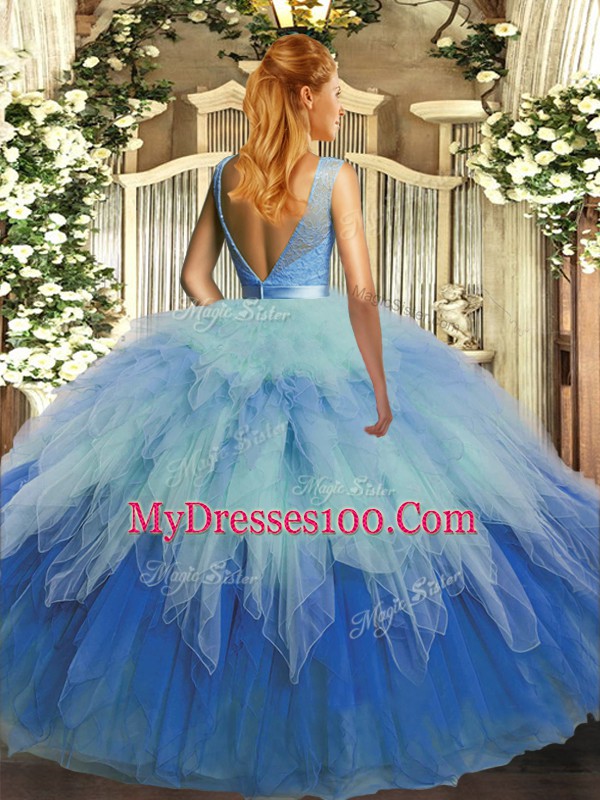 Floor Length Multi-color Quince Ball Gowns Scoop Sleeveless Backless