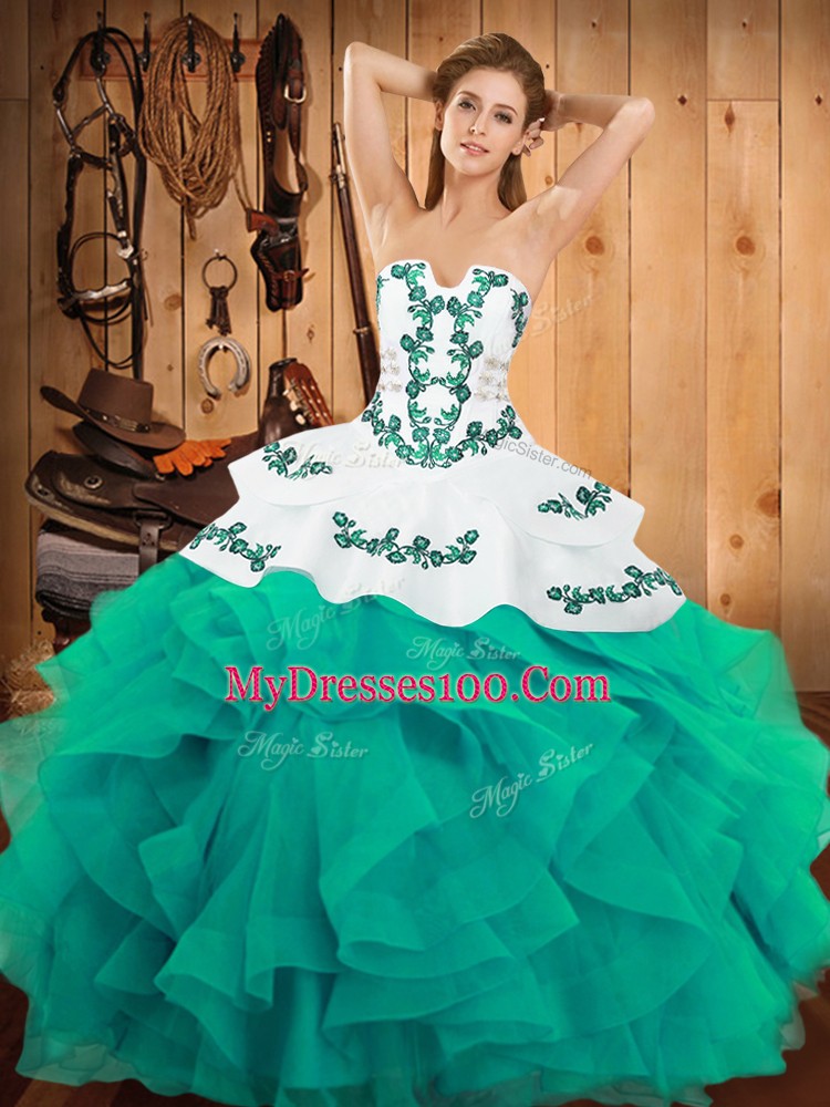 Spectacular Turquoise Strapless Neckline Embroidery and Ruffles Quinceanera Gowns Sleeveless Lace Up