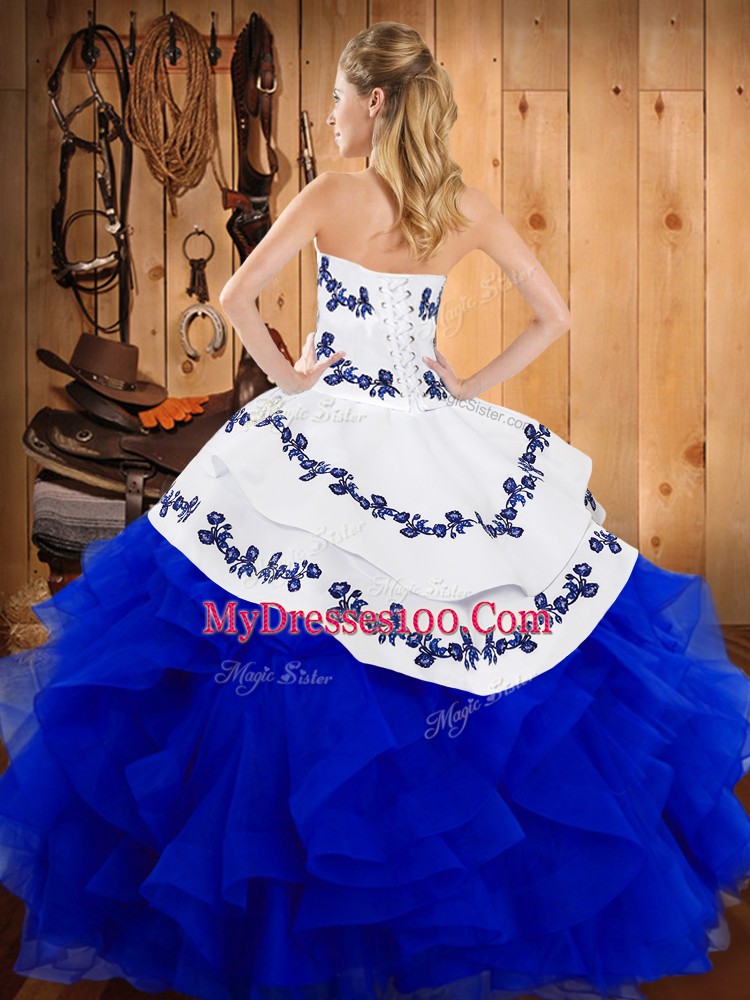 Spectacular Turquoise Strapless Neckline Embroidery and Ruffles Quinceanera Gowns Sleeveless Lace Up