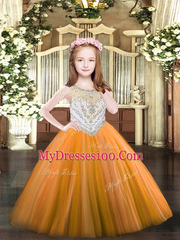 Classical Orange Zipper Scoop Beading Little Girls Pageant Gowns Tulle Sleeveless