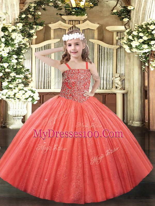Inexpensive Sleeveless Floor Length Beading Lace Up Little Girl Pageant Dress with Coral Red