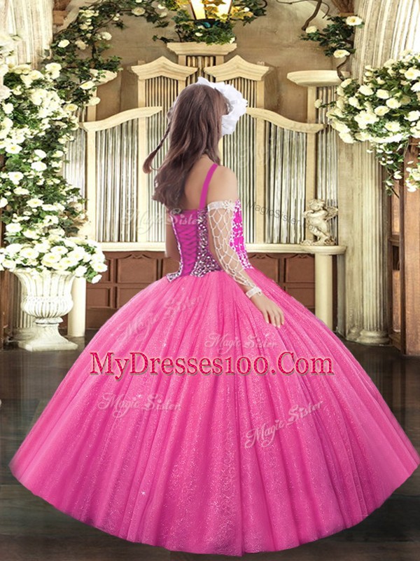 Inexpensive Sleeveless Floor Length Beading Lace Up Little Girl Pageant Dress with Coral Red