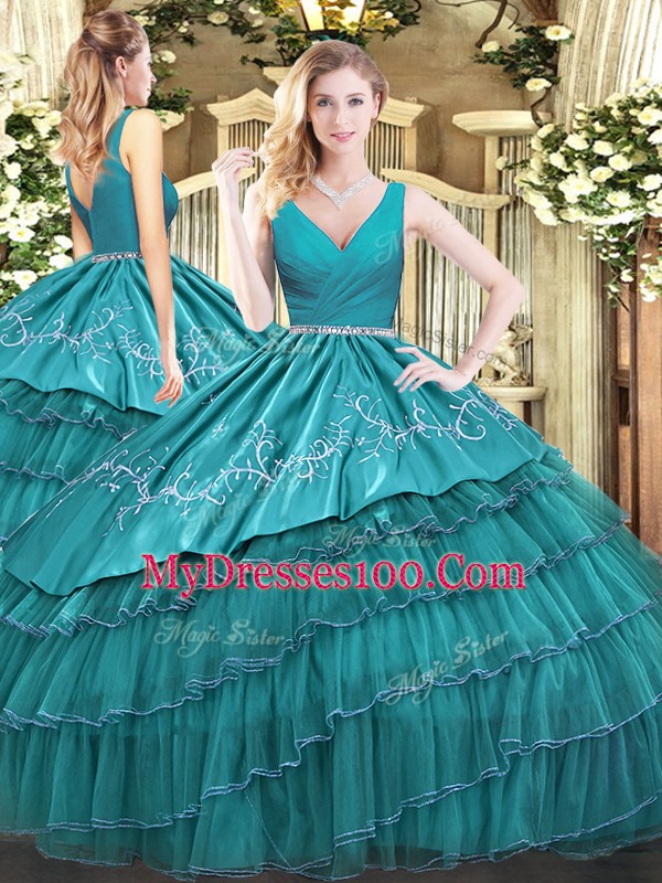 Superior V-neck Sleeveless 15 Quinceanera Dress Floor Length Embroidery and Ruffled Layers Teal Satin and Organza