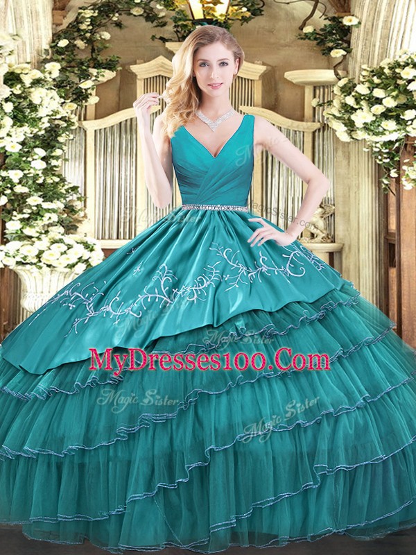 Superior V-neck Sleeveless 15 Quinceanera Dress Floor Length Embroidery and Ruffled Layers Teal Satin and Organza