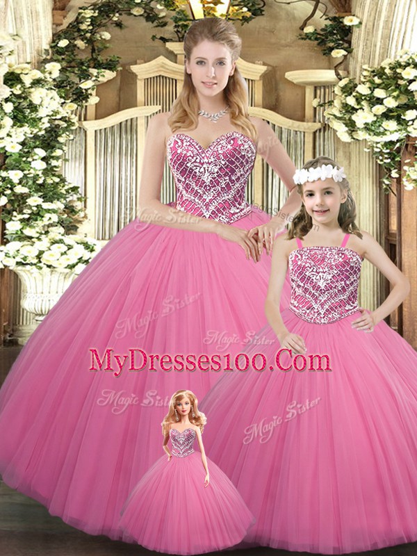 Traditional Rose Pink Ball Gowns Sweetheart Sleeveless Tulle Floor Length Lace Up Beading Quince Ball Gowns