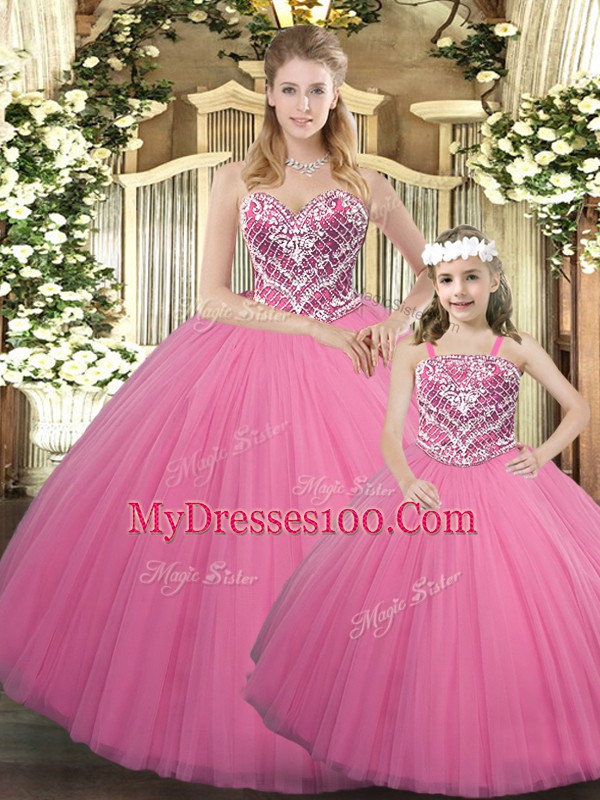 Traditional Rose Pink Ball Gowns Sweetheart Sleeveless Tulle Floor Length Lace Up Beading Quince Ball Gowns