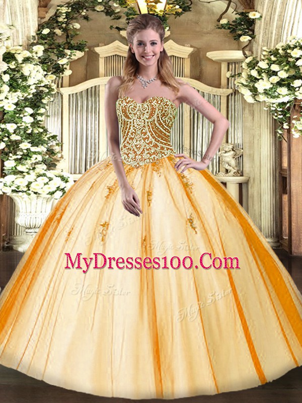 Designer Gold Ball Gowns Beading Sweet 16 Quinceanera Dress Lace Up Tulle Sleeveless Floor Length
