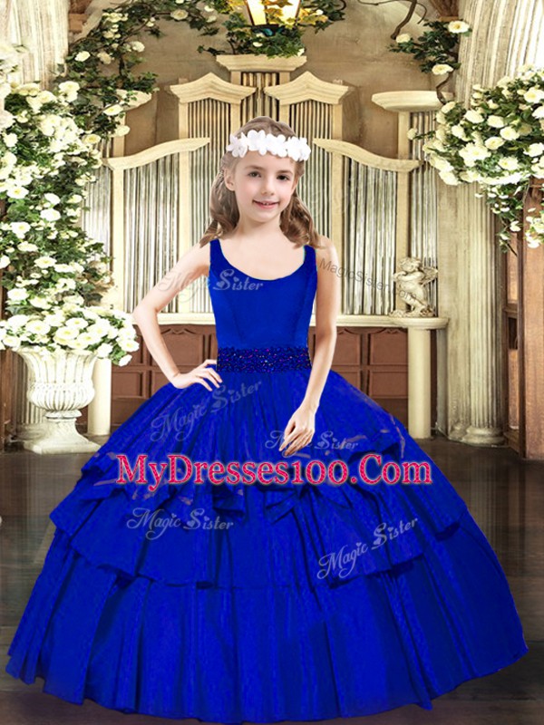 Royal Blue Zipper Little Girls Pageant Dress Wholesale Beading Sleeveless Floor Length