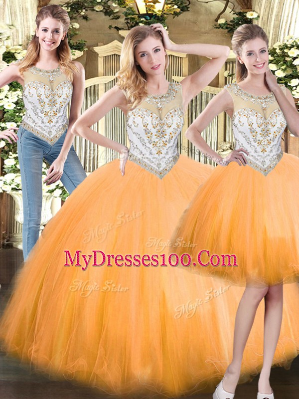 Floor Length Zipper Vestidos de Quinceanera Orange Red for Military Ball and Sweet 16 and Quinceanera with Beading