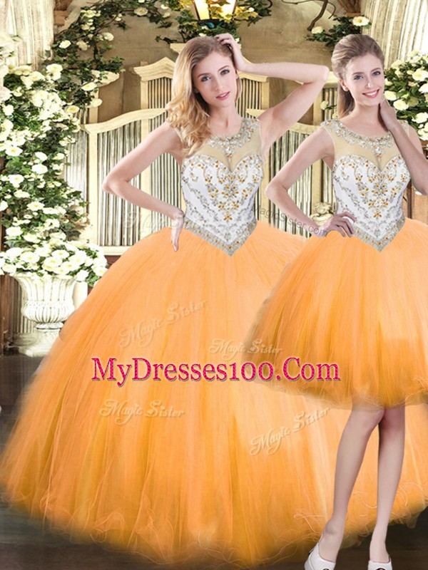 Floor Length Zipper Vestidos de Quinceanera Orange Red for Military Ball and Sweet 16 and Quinceanera with Beading