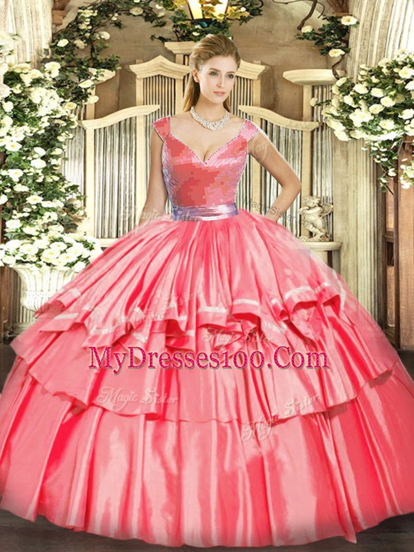 Sleeveless Tulle Floor Length Zipper Vestidos de Quinceanera in Hot Pink with Beading and Ruffled Layers