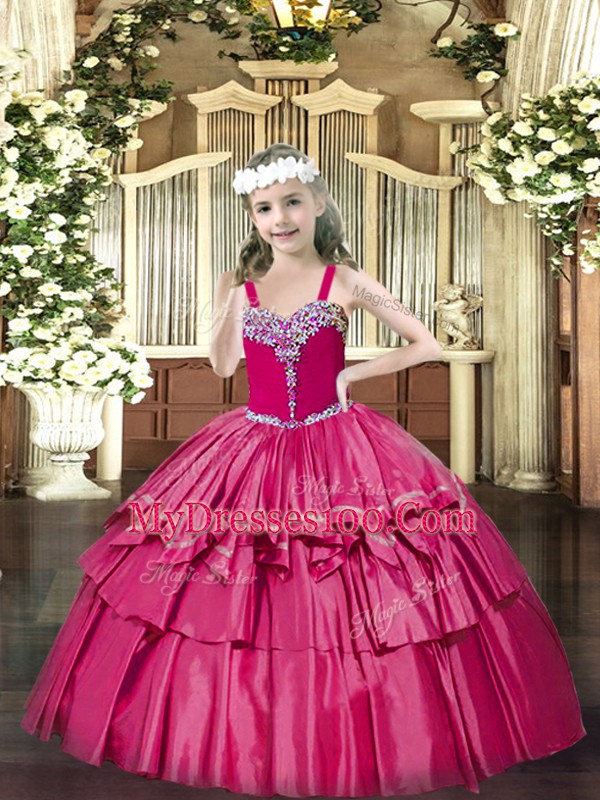 Floor Length Lace Up Child Pageant Dress Hot Pink for Party and Quinceanera with Beading and Ruffled Layers