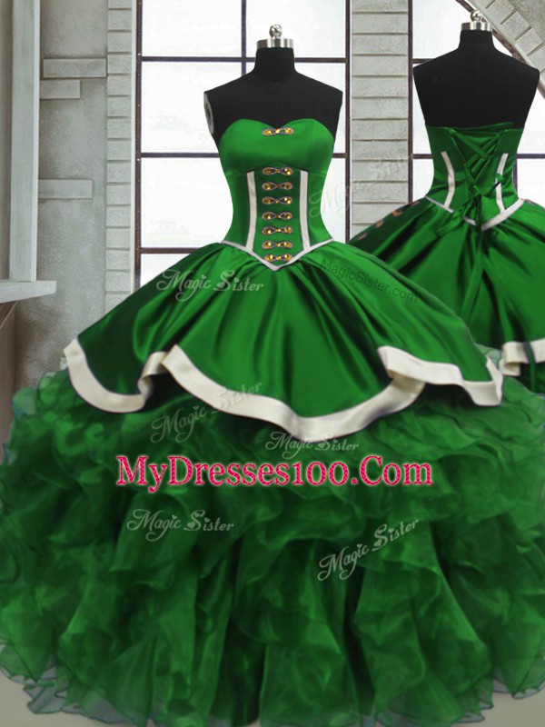 High Quality Floor Length Green Quinceanera Gowns Satin and Organza Sleeveless Beading and Ruffles