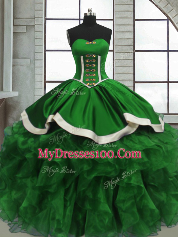 High Quality Floor Length Green Quinceanera Gowns Satin and Organza Sleeveless Beading and Ruffles