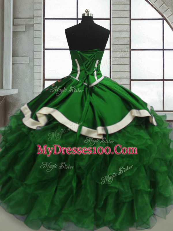 High Quality Floor Length Green Quinceanera Gowns Satin and Organza Sleeveless Beading and Ruffles