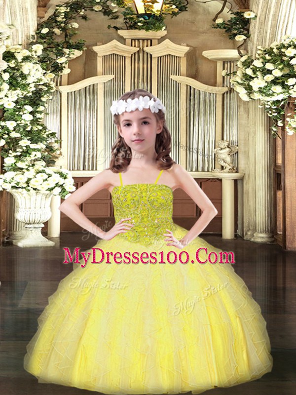Nice Floor Length Lace Up Child Pageant Dress Yellow for Party and Quinceanera with Beading and Ruffles