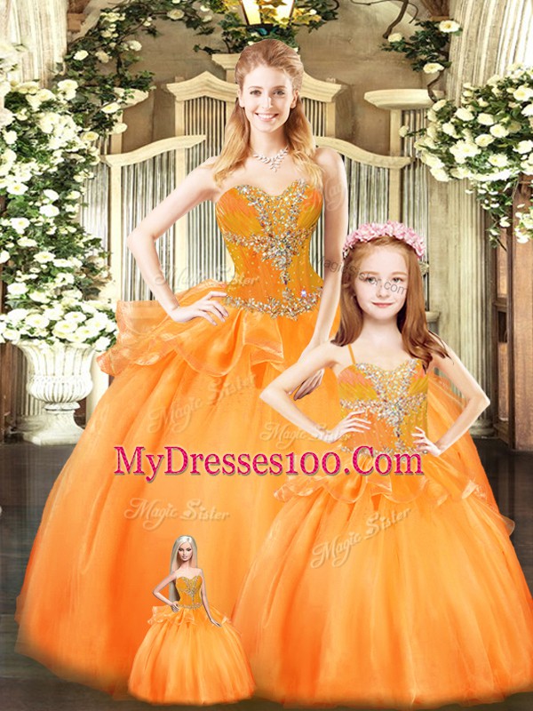 Dazzling Sleeveless Floor Length Beading and Ruffles Lace Up Ball Gown Prom Dress with Orange Red