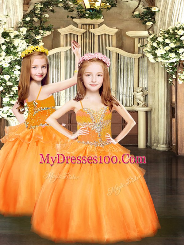 Dazzling Sleeveless Floor Length Beading and Ruffles Lace Up Ball Gown Prom Dress with Orange Red