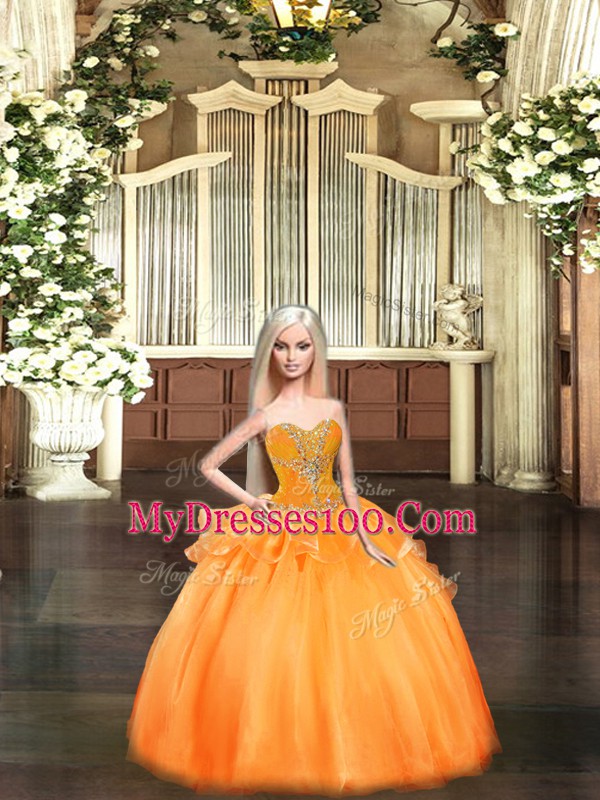 Dazzling Sleeveless Floor Length Beading and Ruffles Lace Up Ball Gown Prom Dress with Orange Red