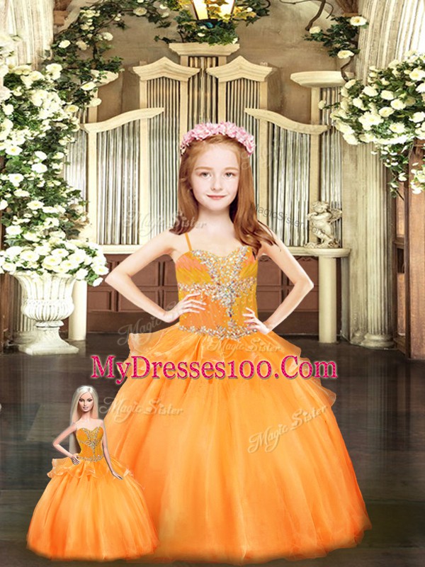 Dazzling Sleeveless Floor Length Beading and Ruffles Lace Up Ball Gown Prom Dress with Orange Red