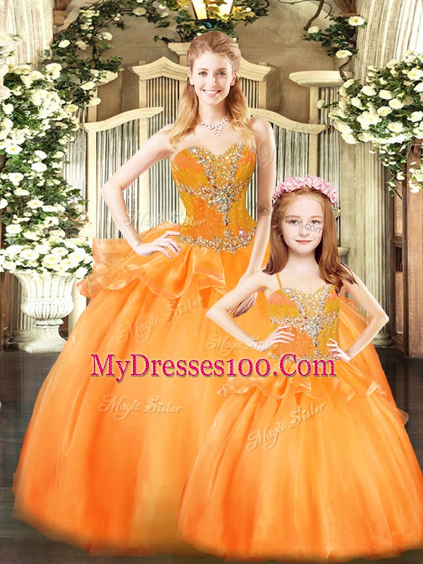 Dazzling Sleeveless Floor Length Beading and Ruffles Lace Up Ball Gown Prom Dress with Orange Red