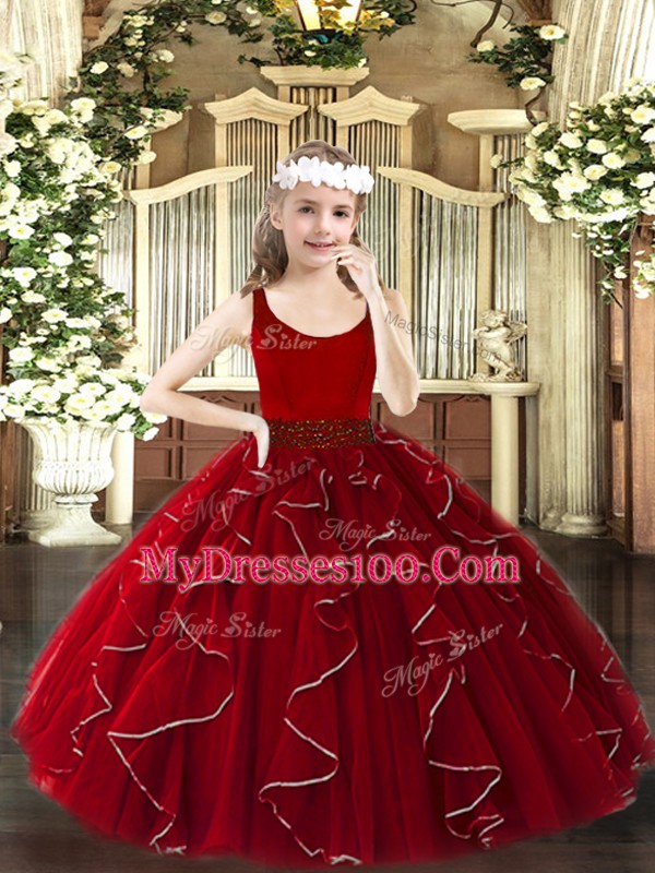 Custom Designed Wine Red Scoop Neckline Beading and Ruffles Little Girls Pageant Dress Wholesale Sleeveless Zipper