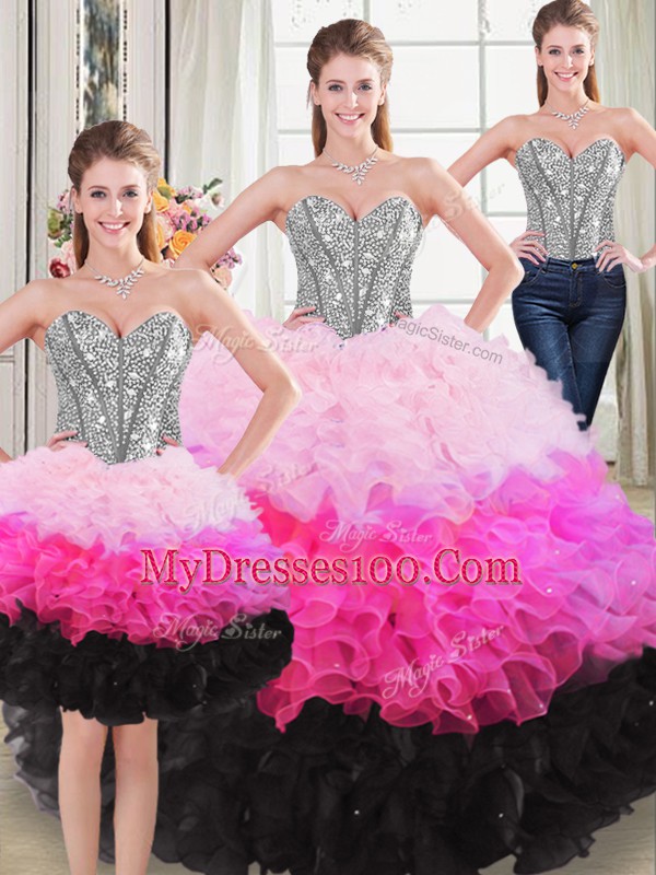 Multi-color Organza Lace Up Quinceanera Dresses Sleeveless Floor Length Beading and Ruffles