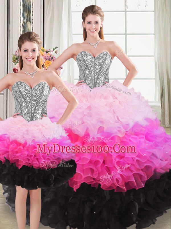 Multi-color Organza Lace Up Quinceanera Dresses Sleeveless Floor Length Beading and Ruffles