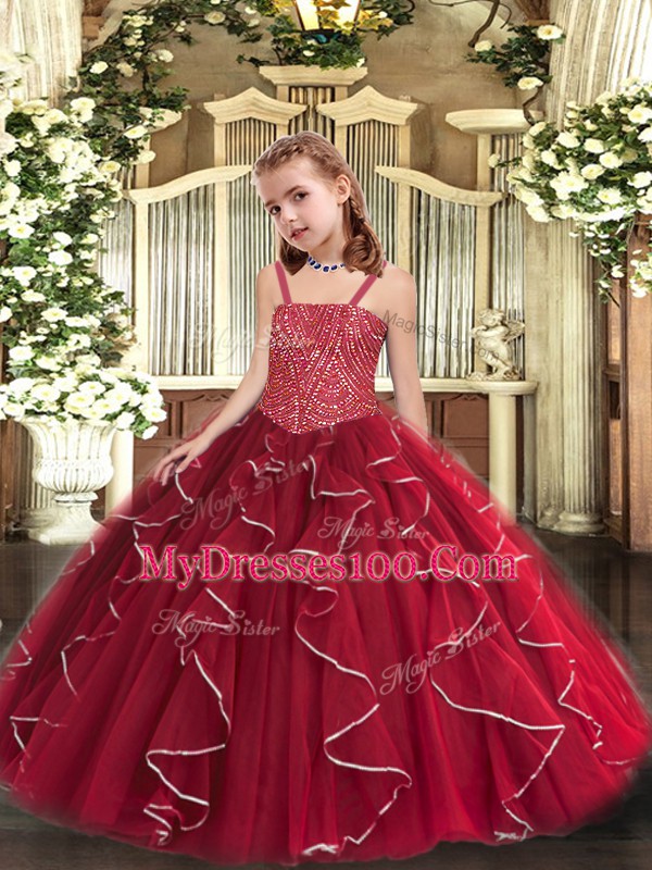 Floor Length Red Little Girls Pageant Dress Wholesale Straps Sleeveless Lace Up