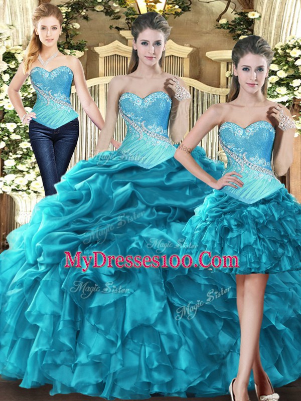 Floor Length Teal Quinceanera Dresses Sweetheart Sleeveless Lace Up