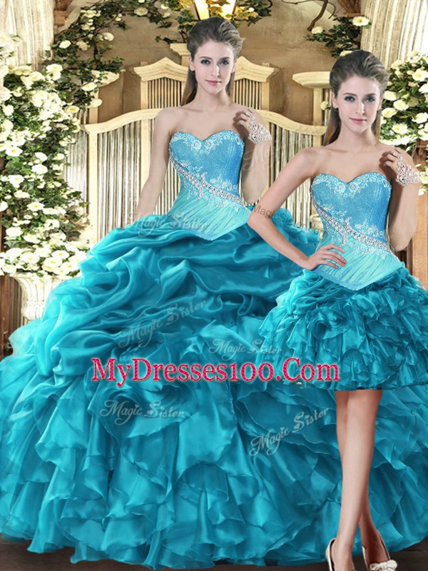 Floor Length Teal Quinceanera Dresses Sweetheart Sleeveless Lace Up
