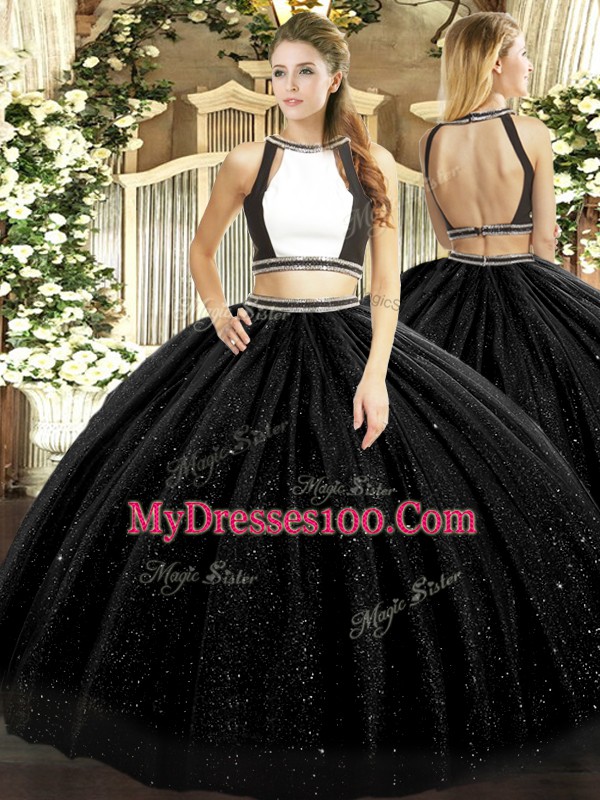 Fancy Black Backless Halter Top Ruching 15 Quinceanera Dress Tulle Sleeveless