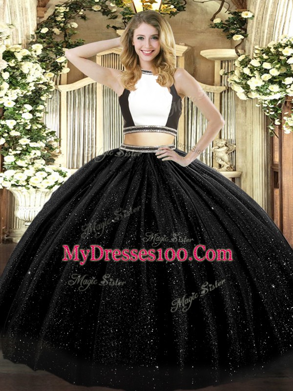Fancy Black Backless Halter Top Ruching 15 Quinceanera Dress Tulle Sleeveless