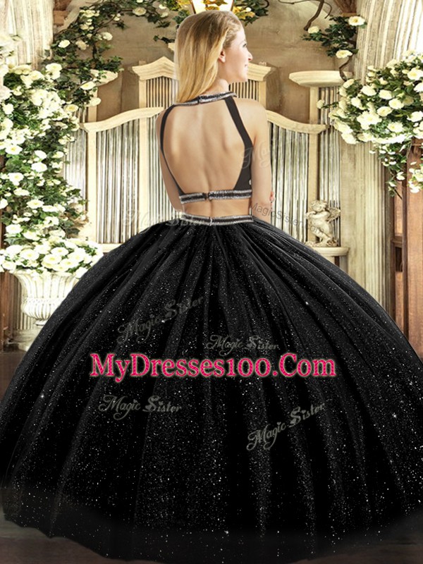 Fancy Black Backless Halter Top Ruching 15 Quinceanera Dress Tulle Sleeveless