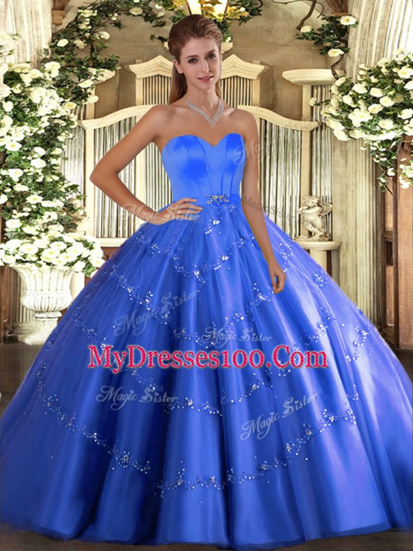 Sophisticated Blue Lace Up Vestidos de Quinceanera Beading and Appliques Sleeveless Floor Length