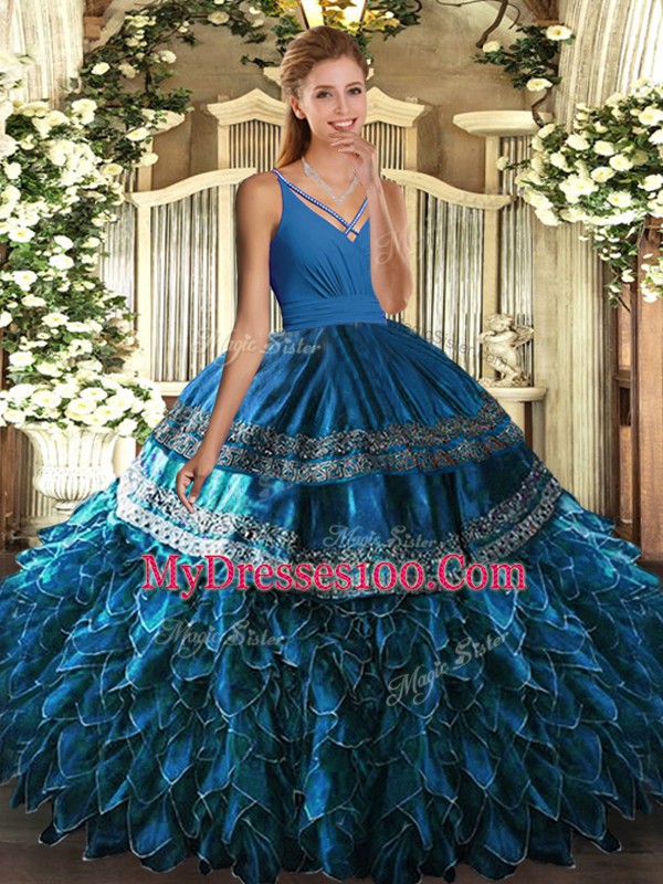Sleeveless Floor Length Beading and Appliques and Ruffles Backless 15 Quinceanera Dress with Blue