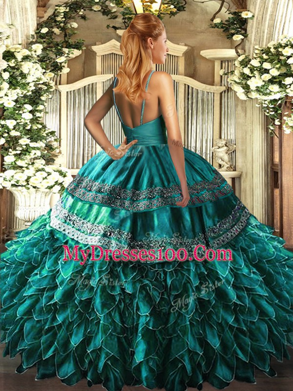 Sleeveless Floor Length Beading and Appliques and Ruffles Backless 15 Quinceanera Dress with Blue