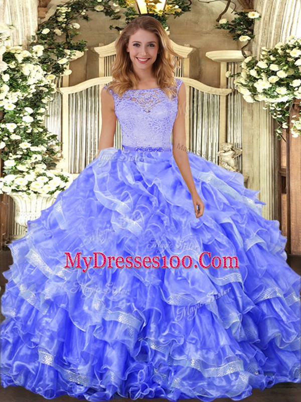 Spectacular Blue Sleeveless Lace and Ruffled Layers Floor Length Quinceanera Dresses