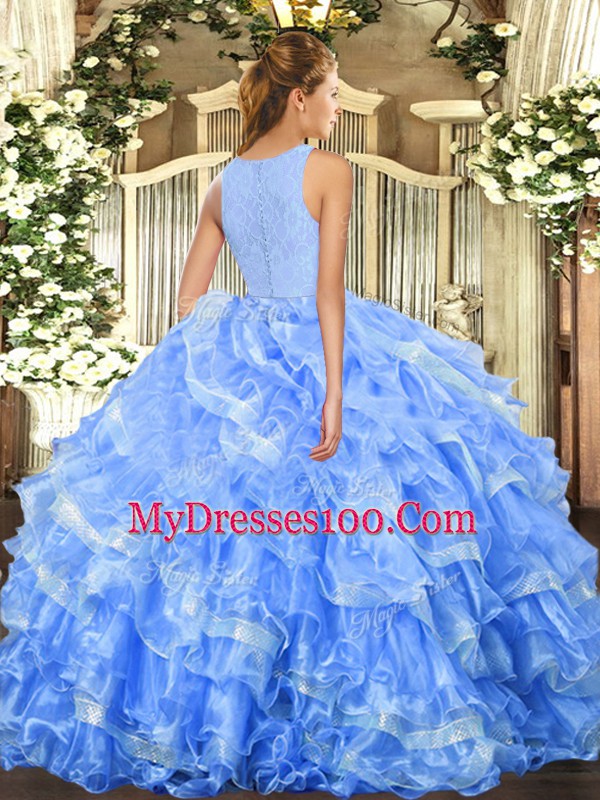 Spectacular Blue Sleeveless Lace and Ruffled Layers Floor Length Quinceanera Dresses